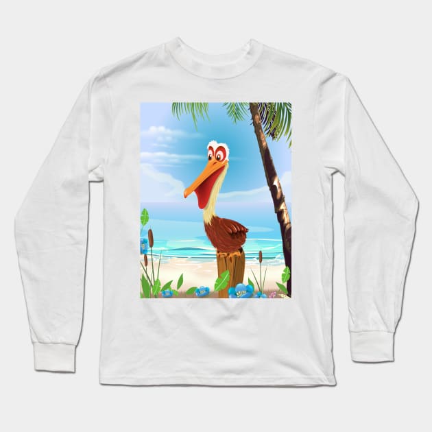 Pelican on a beach Long Sleeve T-Shirt by nickemporium1